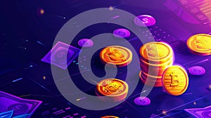 Modern illustration of stacked gold coins isolated on ultraviolet background for web site about online shopping or