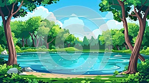 Modern illustration of a summer forest cartoon landscape with a clear lake and turquoise pond. Water is separated from