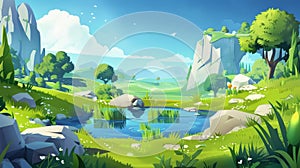 Modern illustration of summer nature landscape with lake, rocks, and green field with lush grass and plants. Cartoon