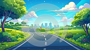 Modern illustration of a summer scene with empty highway, green fields, road sign, town buildings and city on horizon