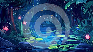 . Modern illustration of swamp in tropical forest at night with fireflies. Water lilies, a pond or river, and tree