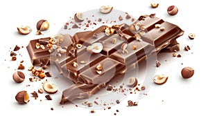Modern illustration of a sweet chocolate bar with hazelnut pieces and caramel. Isolated on white background.