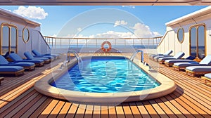 Modern illustration of a swimming pool on a cruise liner, a deck with sun loungers, and a wooden floor with portholes