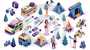 Modern illustration of travel accessories, car loaded with baggage, tourist with backpack, woman studying map, and man