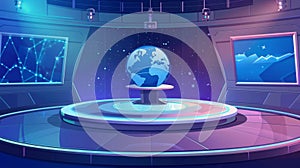 This is a modern illustration of a TV news studio with a newscaster's desk, lighting equipment, and a globe on the