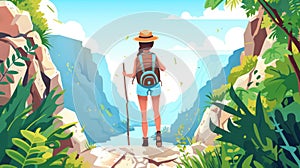 Modern illustration of a woman hiking in a canyon with a stick and a backpack. Modern parallax background for a 2D game