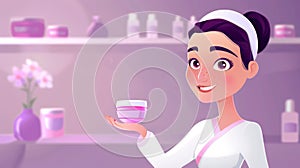 Modern illustration of a woman holding cream in her hand in an empty purple room. Girl is showing cosmetics for her face