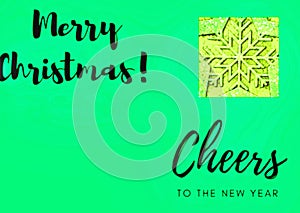 Modern illustration with the words Merry Christmas and Cheers to the New Year and one snowflake on a modern turquoise blue backgro