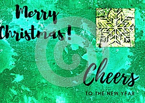 Modern illustration with the words Merry Christmas and Cheers to the New Year and one snowflake on a modern turquoise blue backgro