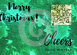 Modern illustration with the words Merry Christmas and Cheers to the New Year and one snowflake on a modern turquoise blue backgro