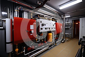 Modern independent heating system in boiler room