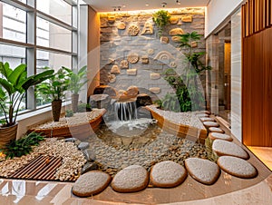 Modern Indoor Zen Garden with Waterfall Feature in Corporate Building Lobby