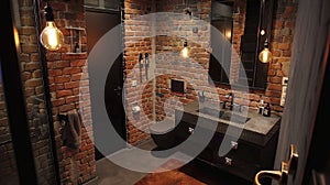 Modern industrial bathroom showcasing exposed brick, matte black fixtures, concrete sink, and Edison bulb lighting for