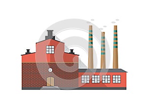 Modern industrial brick building of factory with pipes emitting smoke isolated on white background. Front view of
