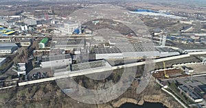 Modern industrial building exterior with aerial view, Gray industrial building from above