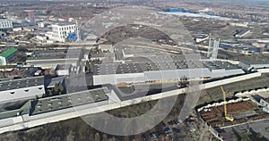 Modern industrial building exterior with aerial view, Gray industrial building from above