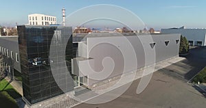 Modern industrial building exterior with aerial view, Gray industrial building from above