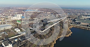 Modern industrial building exterior with aerial view, Gray industrial building from above