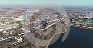 Modern industrial building exterior with aerial view, gray industrial building from above