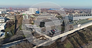 Modern industrial building exterior with aerial view, Gray industrial building from above