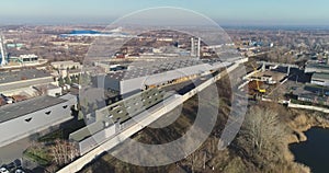 Modern industrial building exterior with aerial view, Gray industrial building from above