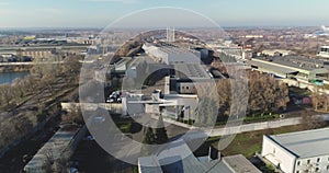 Modern industrial building exterior with aerial view, Gray industrial building from above