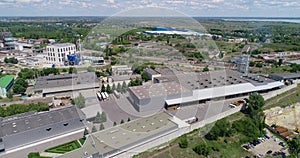 Modern industrial building exterior with aerial view, Gray industrial building from above