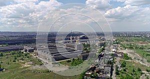 Modern industrial building exterior with aerial view, Gray industrial building from above