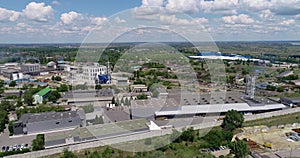 Modern industrial building exterior with aerial view, Gray industrial building from above