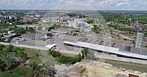 Modern industrial building exterior with aerial view, Gray industrial building from above