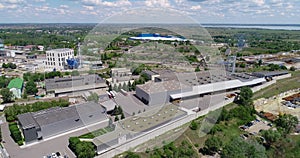 Modern industrial building exterior with aerial view, Gray industrial building from above