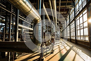 Modern industrial building with pipes, heat exchangers and valves