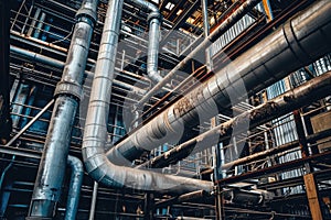 Modern industrial building with pipes, heat exchangers and valves