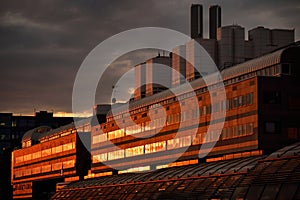 Modern Industrial Building in Stockholm at Sunset Time