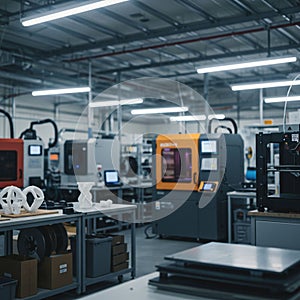 A modern industrial facility featuring advanced 3D printing machines. Multiple printers