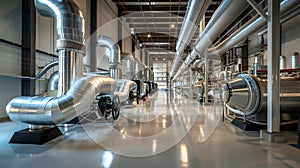 Modern Industrial Facility Interior with Shiny Pipes. High-Tech Manufacturing Unit, Engineering Design. Bright, Sleek