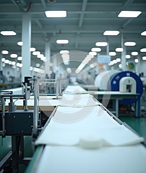 Modern industrial factory floor with a white conveyor belt, sleek machinery, and a clean, efficient manufacturing environment photo