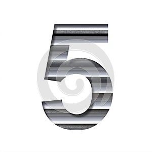 Modern industrial font. Digit five, 5 cut out of paper on the background of industrial ventilation grates or blinds. Set of steel