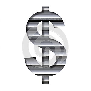 Modern industrial font. Dollar money business symbol cut out of paper on the background of industrial ventilation grates or blinds