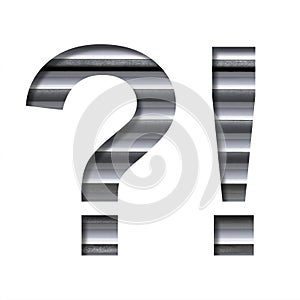 Modern industrial font. Exclamation and question marks cut out of paper on the background of industrial ventilation grates or