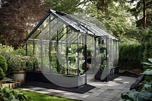 a modern, industrial garden shed with metal siding and a glass greenhouse