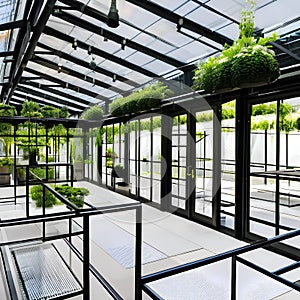 A modern industrial greenhouse with metal-framed glass walls, hydroponic planters, and hanging gardens1, Generative AI