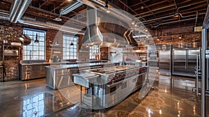 Modern Industrial Kitchen With Stainless Steel Appliances in a Loft Setting, Morning Light