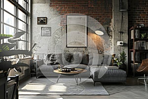 Modern Industrial Living Room with Exposed Brick Walls and Comfortable Furnishings