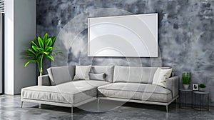 Modern industrial living room interior design, 3d render, cosy sofa bed wit white blank empty photo frame on the wall