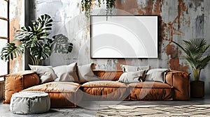 Modern industrial living room interior design, 3d render, cosy sofa bed wit white blank empty photo frame on the wall