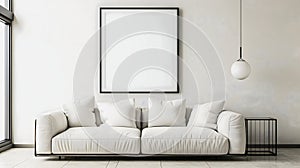 Modern industrial living room interior design, 3d render, cosy sofa bed wit white blank empty photo frame on the wall