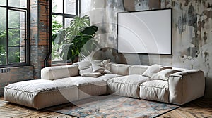 Modern industrial living room interior design, 3d render, cosy sofa bed wit white blank empty photo frame on the wall