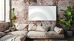 Modern industrial living room interior design, 3d render, cosy sofa bed wit white blank empty photo frame on the wall