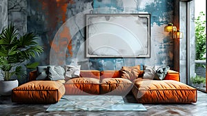 Modern industrial living room interior design, 3d render, cosy sofa bed wit white blank empty photo frame on the wall